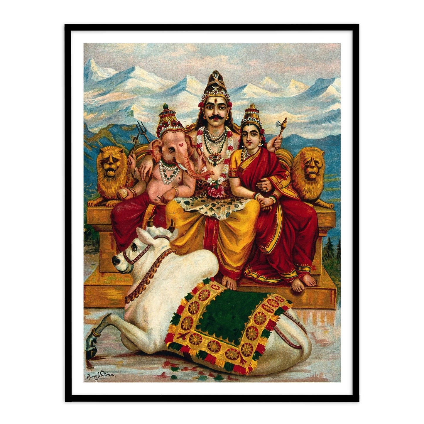 Shiva, Parvati and Ganesha enthroned on Mount Kailas by Raja Ravi Varma | Vastu Wall Art