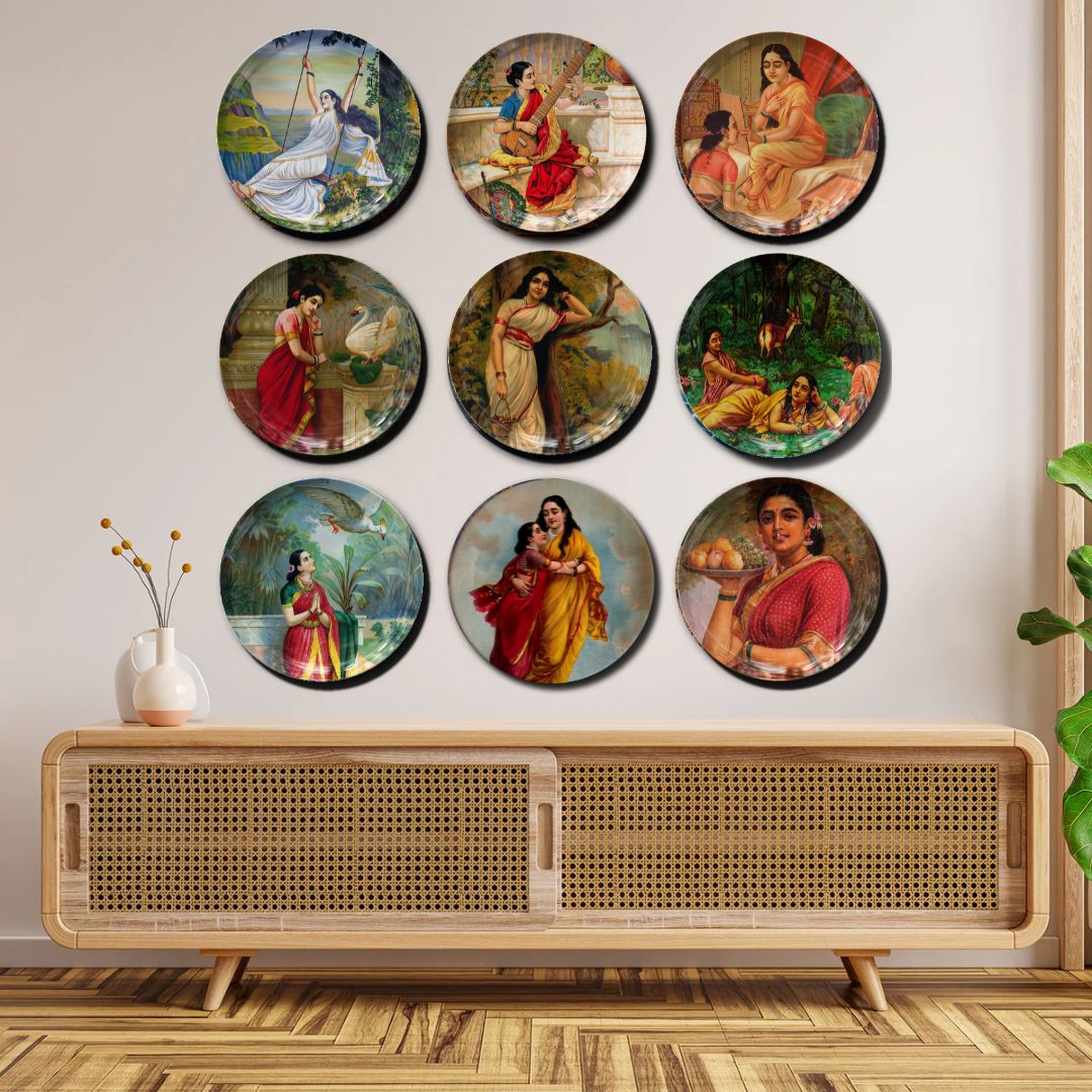 Raja Ravi Varma Vintage Indian Art Metal Wall Plate Set of 9