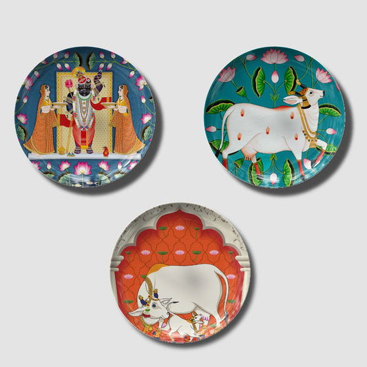Rustic Indian Set of 3 Pichwai Cow Ceramic Plates by The Atrang