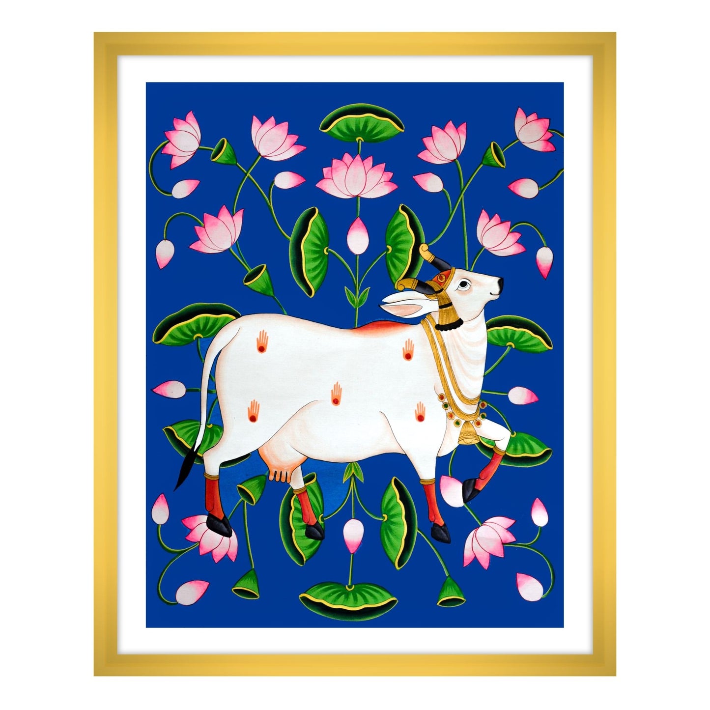 Blue Pichwai Kamdhenu Cow on Lotus Talai |Traditional Wall Art for Home decor