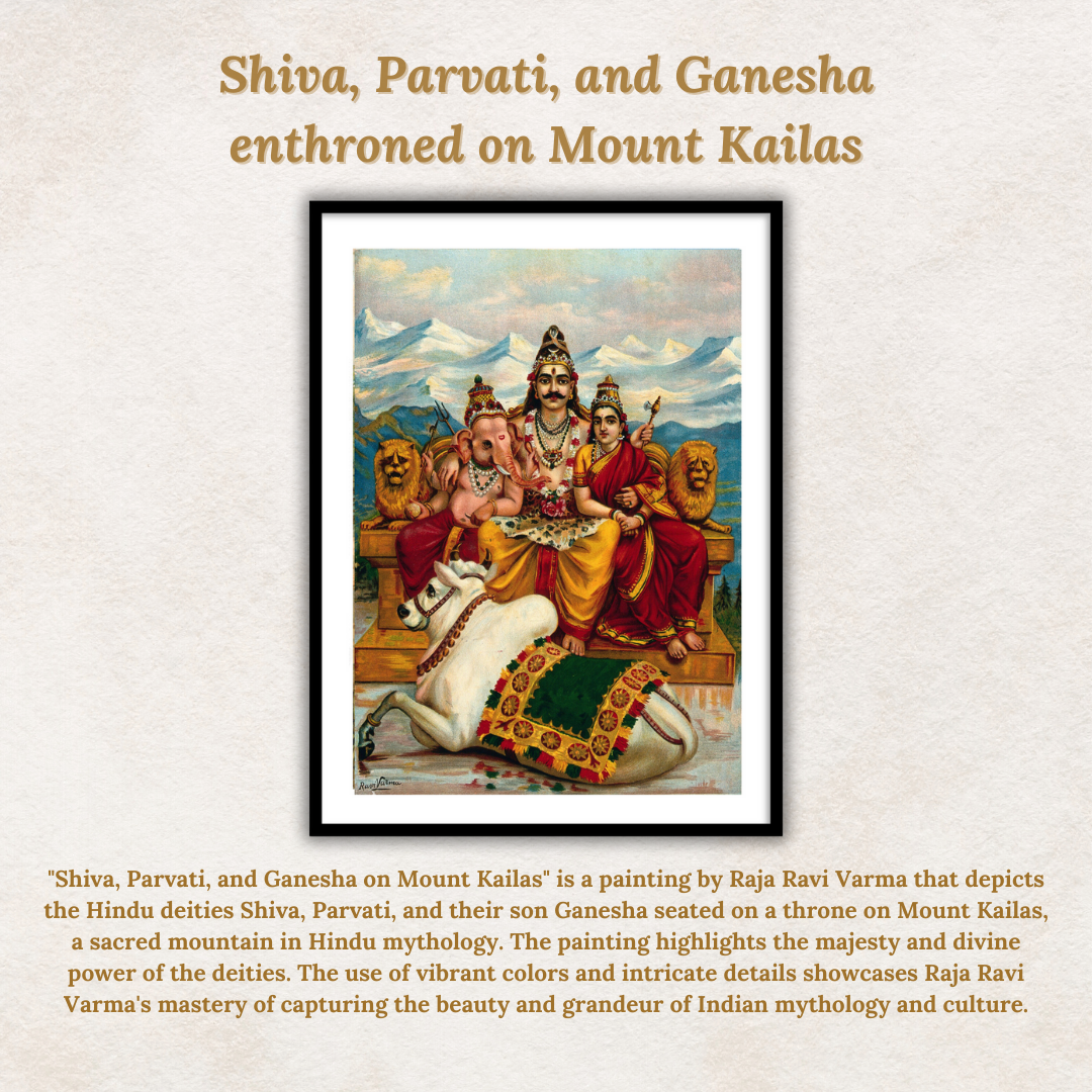 Shiva, Parvati and Ganesha enthroned on Mount Kailas by Raja Ravi Varma Wall Art Print