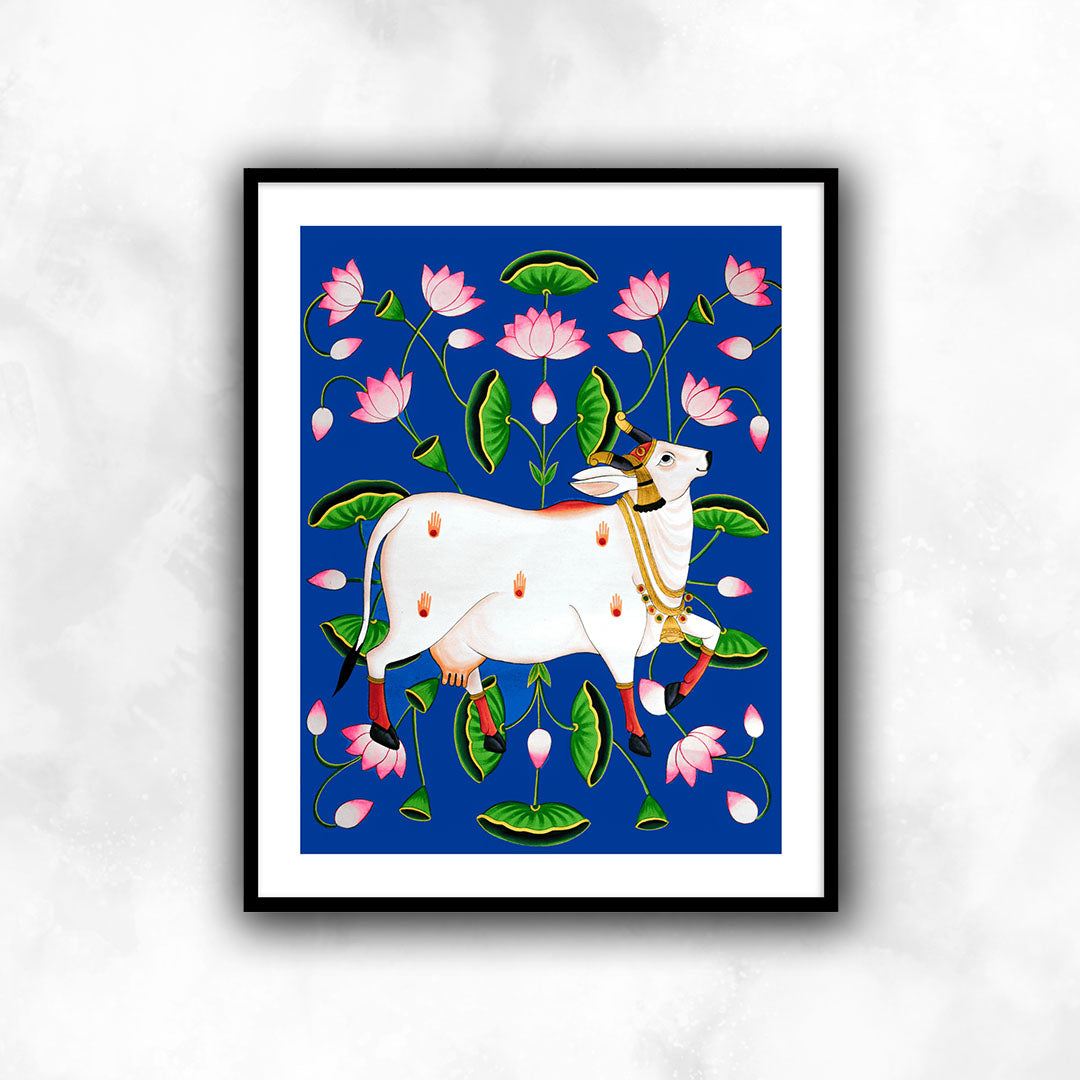 Blue Pichwai Kamdhenu Cow on Lotus Talai |Traditional Wall Art for Home decor