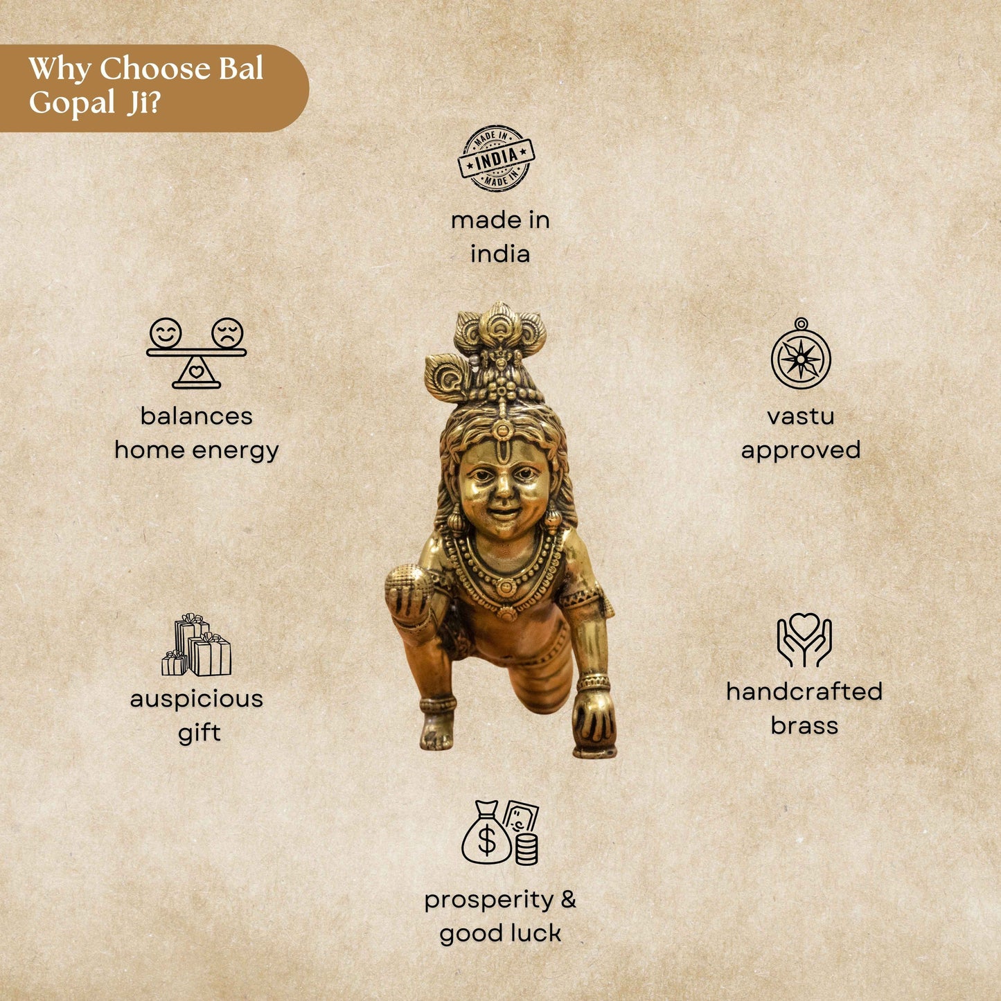 Handcrafted Brass Bal Gopal Idol | Lord Krishna Statue for Prosperity & Positivity - 3 Inch