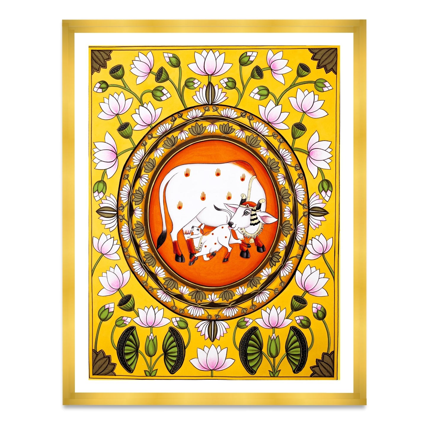 Lotus Pichwai Kamdhenu Cow with Calf | Indian Art for Home decor Wall Painting