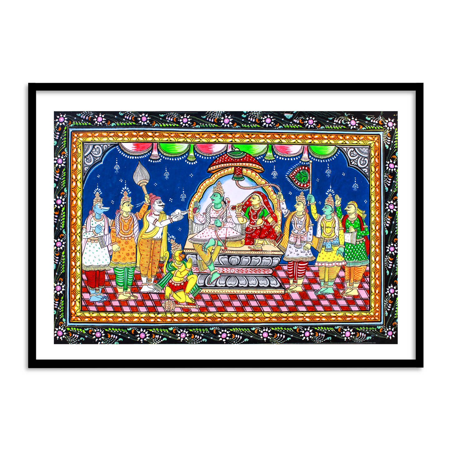 Spiritual Lord Ram Darbar Painting| Pattachitra Folk Painting Framed Wall Art for Home Decor