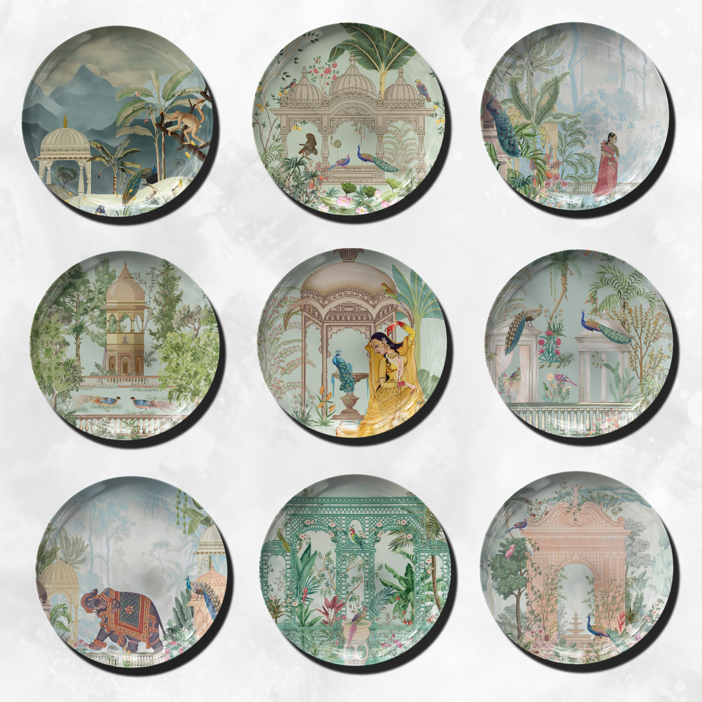 Mughal Inspired (Set of 9) Indian Wall Decor Plates for Indian Home Decor II