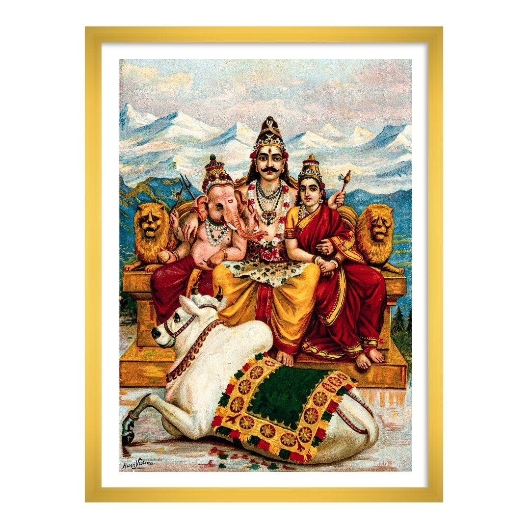 Shiva, Parvati and Ganesha enthroned on Mount Kailas by Raja Ravi Varma | Vastu Wall Art