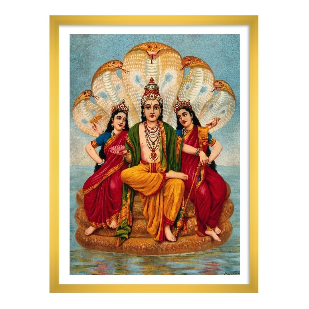 Vishnu flanked by two wives resting on Shesa by Raja Ravi Varma | Wall Art Painting