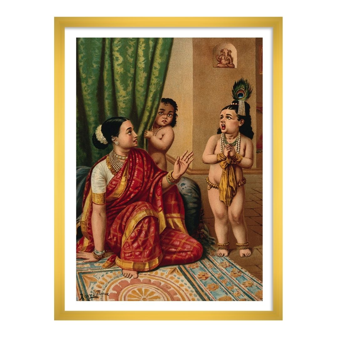 Yasoda glimpses the whole universe inside Krishna's mouth by Raja Ravi Varma Wall Art
