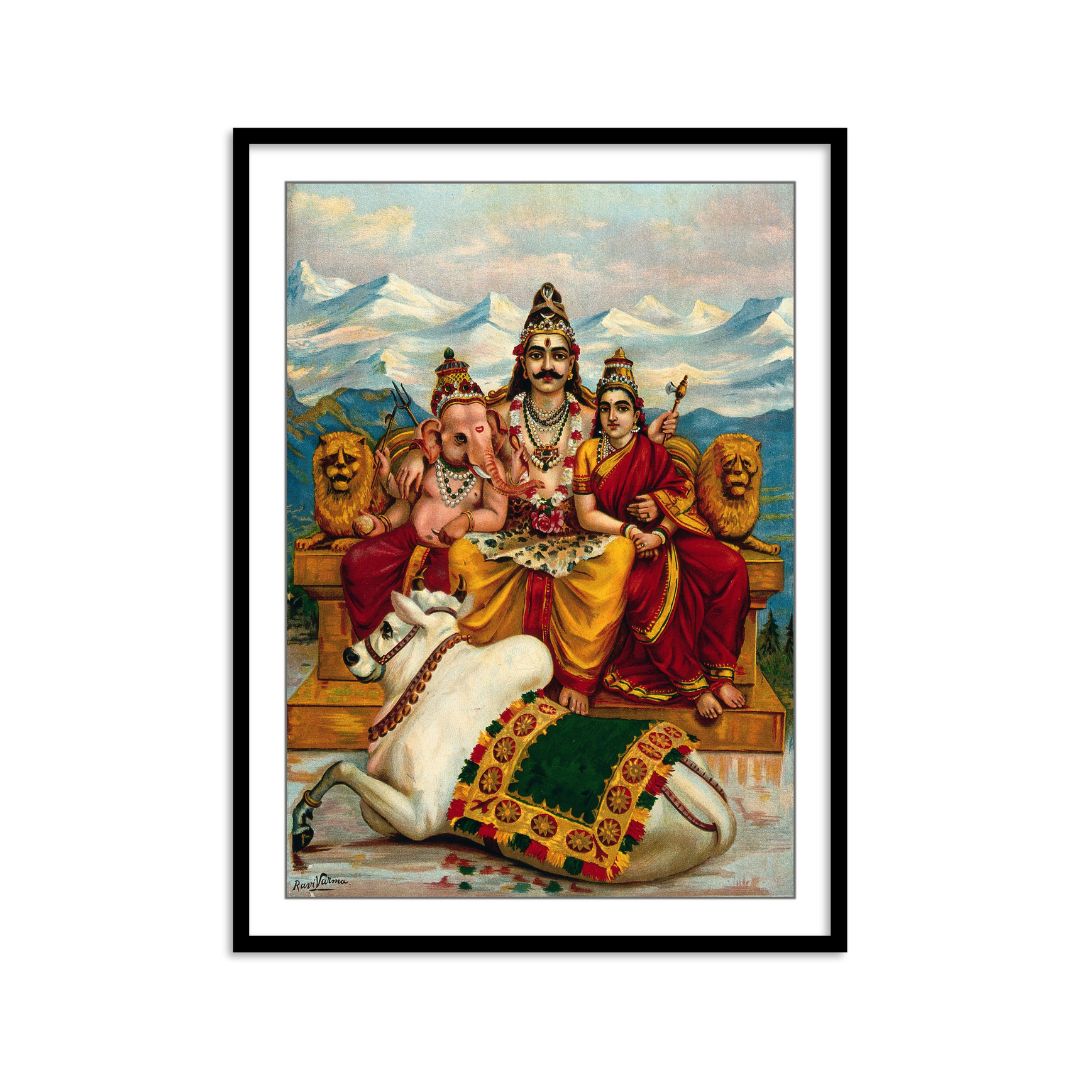 Goddess Lakshmi, Saraswati & Shiv Parivar by Ravi Varma - Set of 3 Wall Paintings