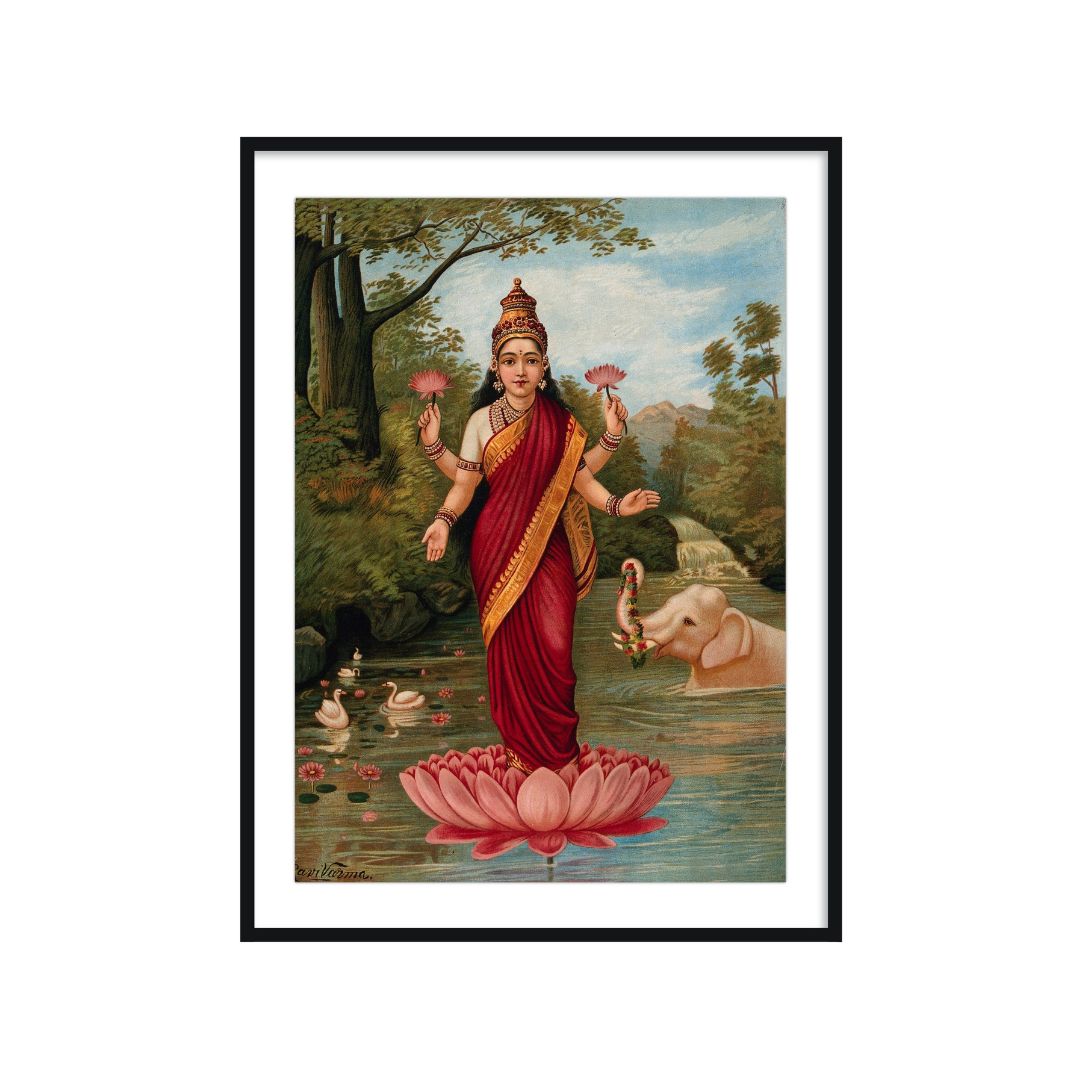 Goddess Lakshmi, Saraswati & Shiv Parivar by Ravi Varma - Set of 3 Wall Paintings