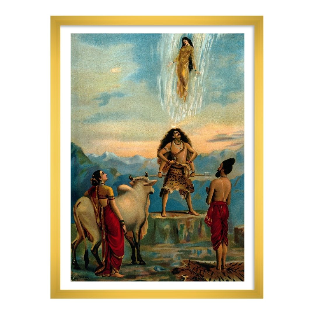 Ganga and the river Ganges falling from heaven by Raja Ravi Varma Wall Art Painting