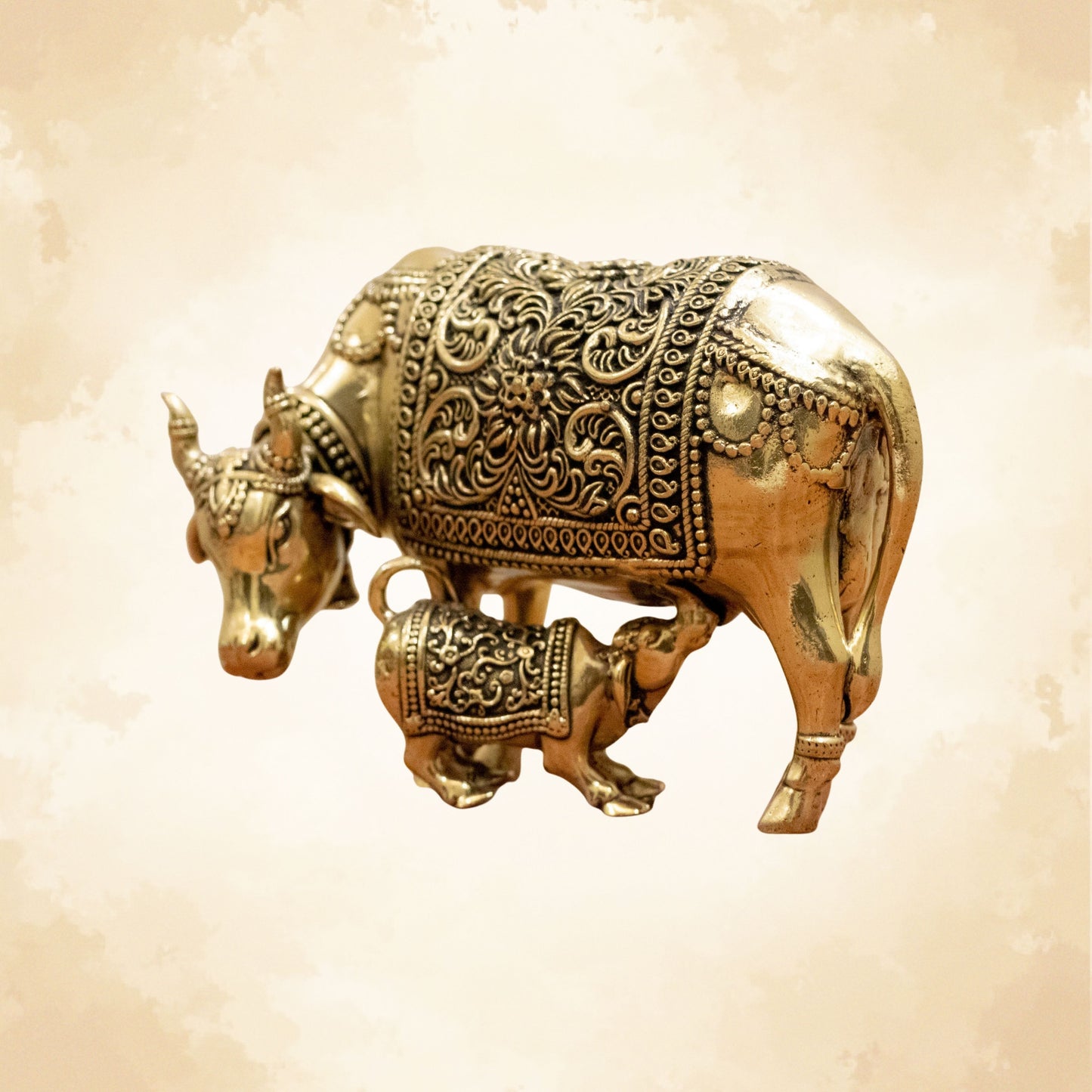 Pure Brass Divine Cow and Calf Idol – Decor for Home Temple - 3 Inches