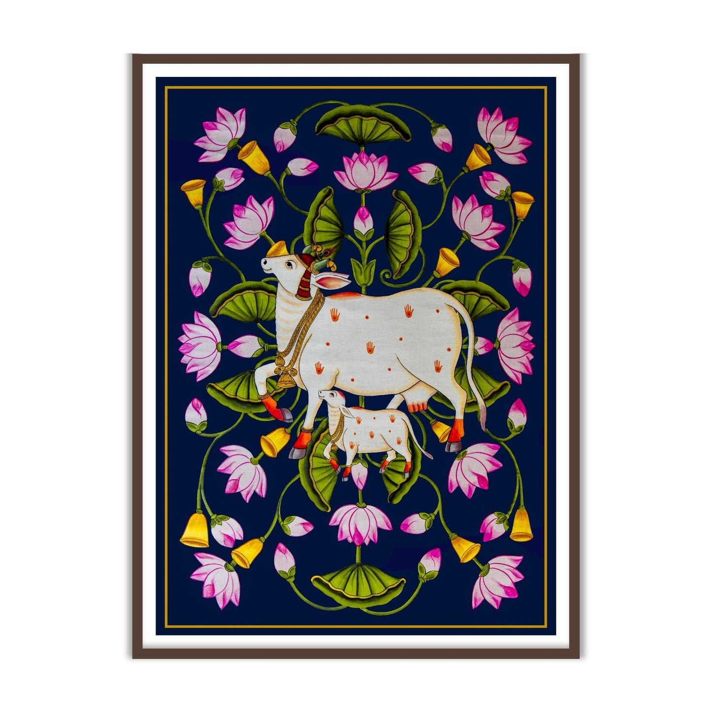 Kamdhenu cow and calf pichwai vastu art for home decor brown frame