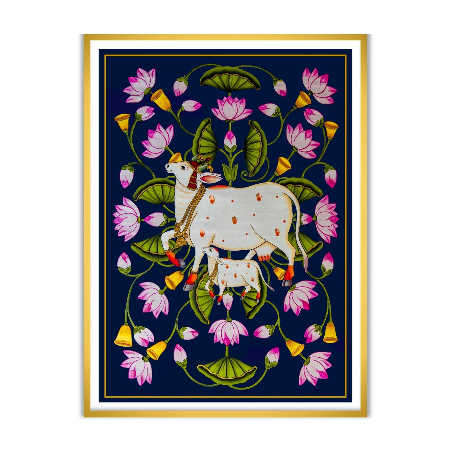 Blue Kamdhenu cow and calf pichwai vastu art for home decor comes with frame at the atrang
