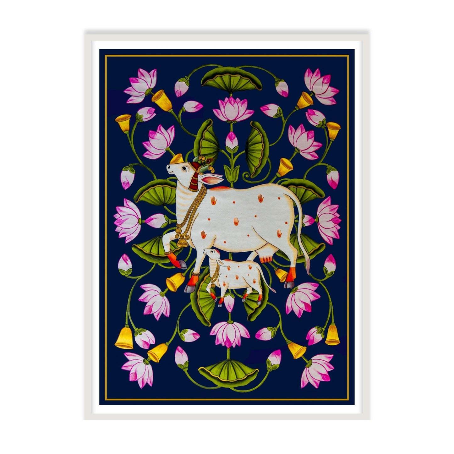 Kamdhenu cow and calf pichwai vastu art for home decor white frame