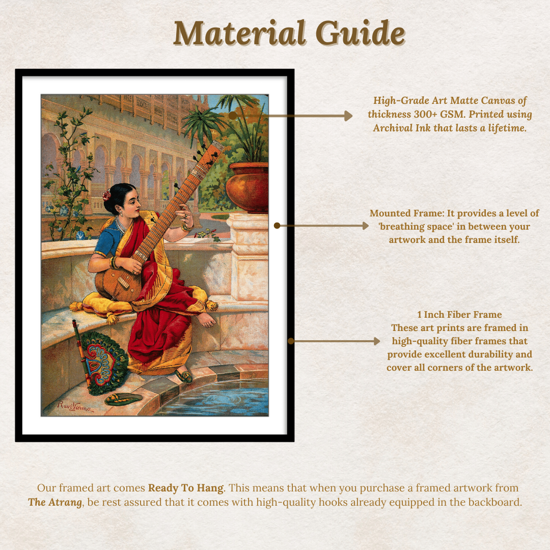 A seated Indian woman plays a sitar next to a garden pond by Raja Ravi Varma Wall Art