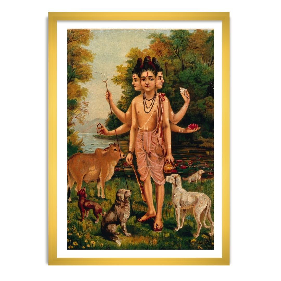 Dattatreya with his four dogs and cow by Raja Ravi Varma Home Wall Art
