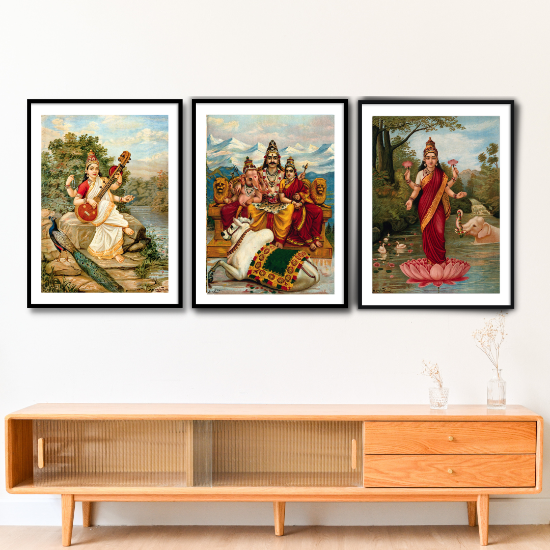 Goddess Lakshmi, Saraswati & Shiv Parivar by Ravi Varma - Set of 3 Wall Paintings