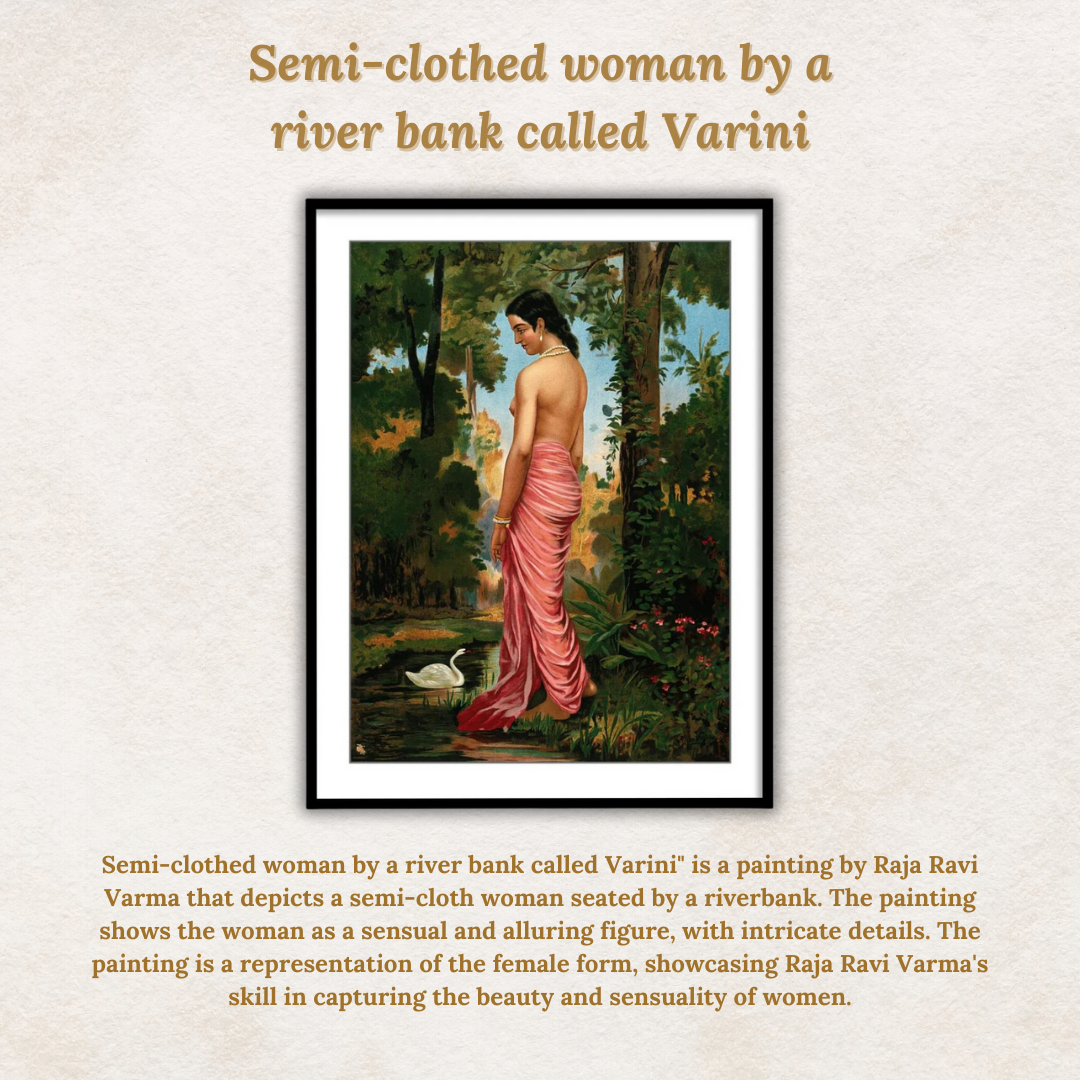 Semi-clothed woman by a river bank called Varini by Raja Ravi Varma Wall Art for Decor