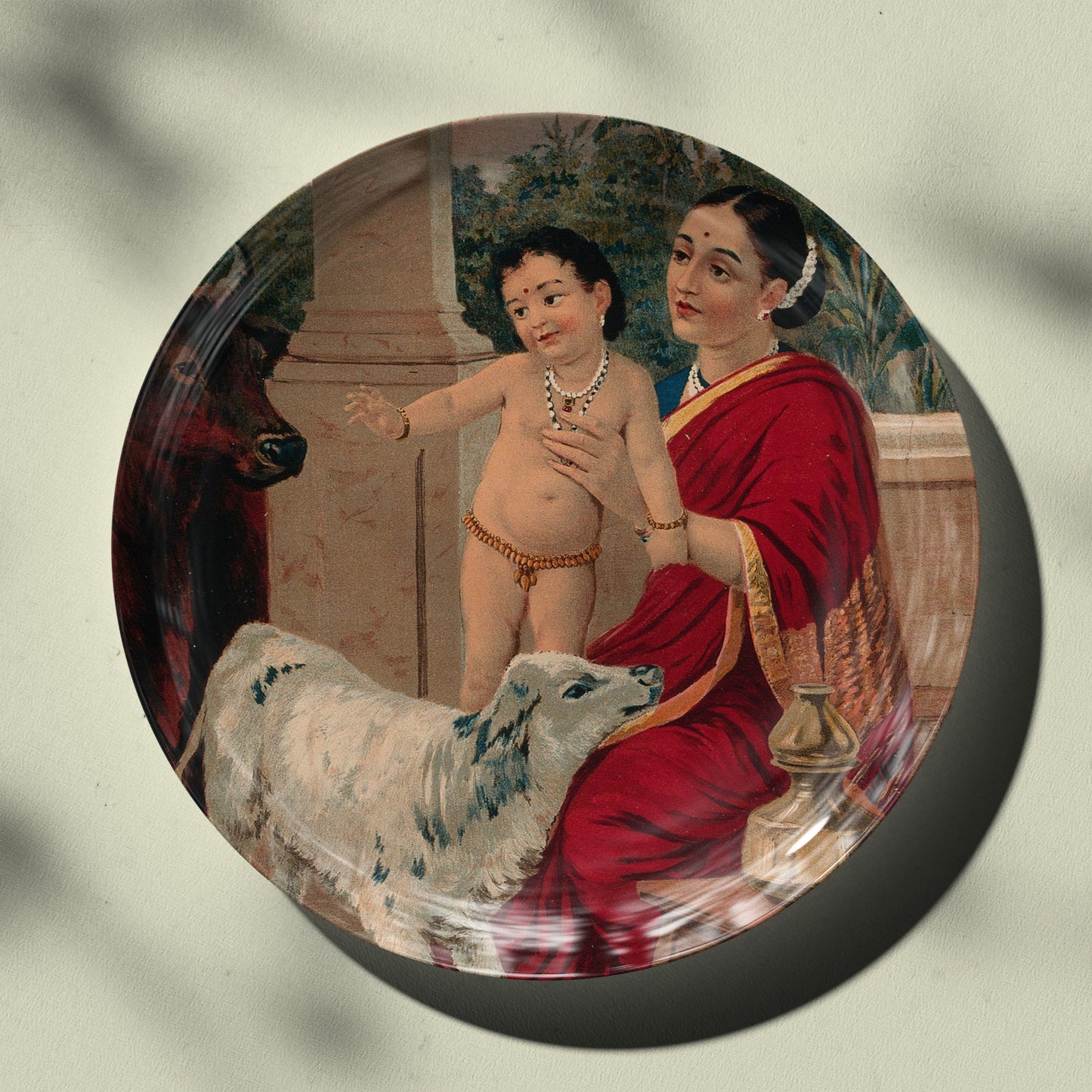 Bal krishna and Calf with Mother Yashoda Cermaic Wall Decor Plate for Indian Homes by The Atrang