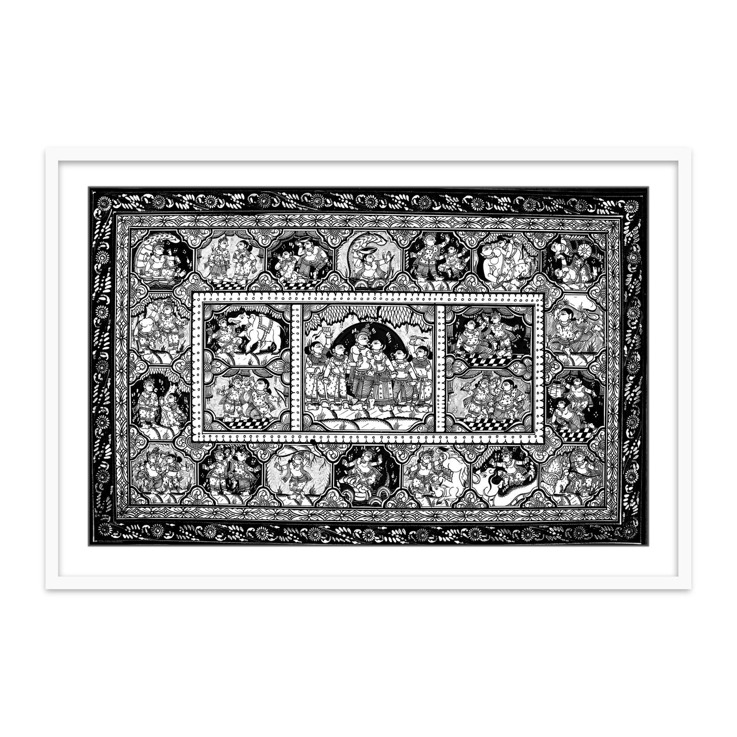 Black & White Krishna Raas Leela Pattachitra Art | Raasleela Patta Painting | Framed Wall Art