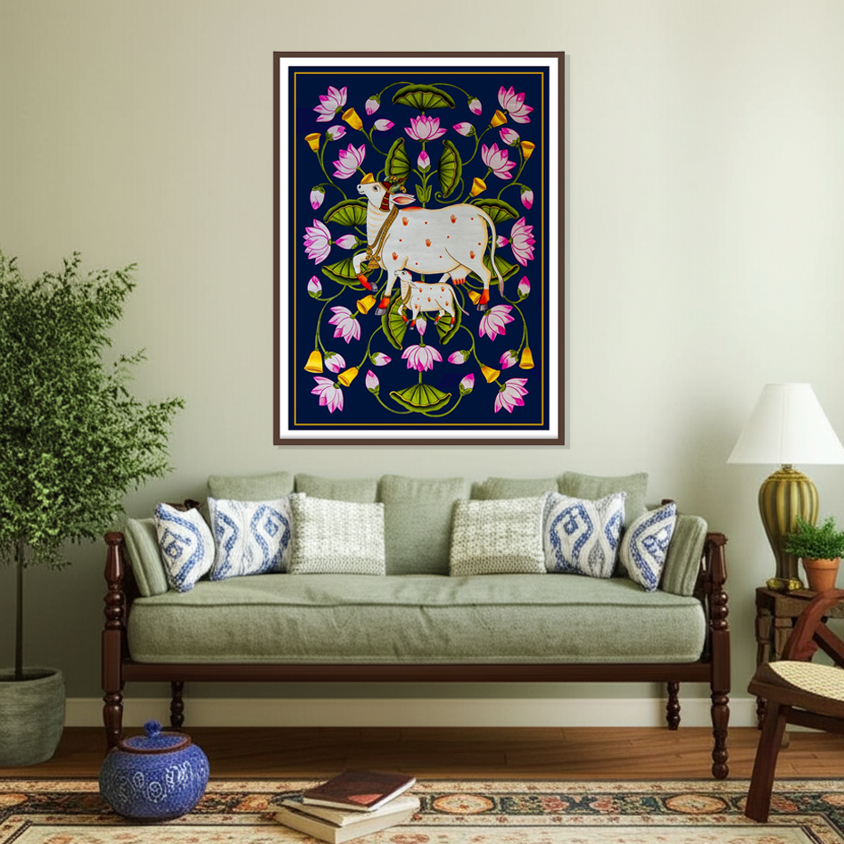 Framed artwork of a kamdhenu cow and calf with flowers on a wall above a green sofa for vastu