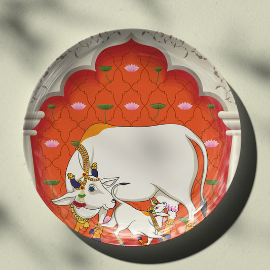 Pichwai Kamdhenu (Nandi) Decor Wall Plate for Home Decor