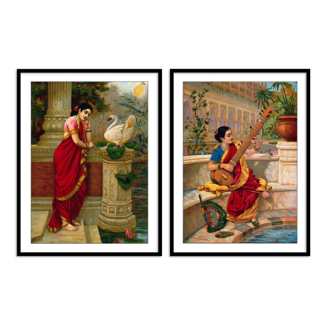 Raja Ravi Varma Wall Art Painting of Damayanti & Kadambari for Home Decor