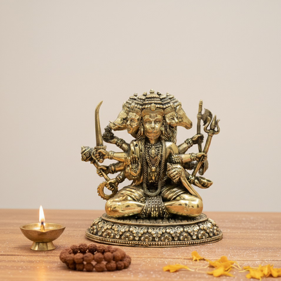 Pure Brass Panchmukhi Hanuman Murti | Lord Hanuman Idol for Protection, Courage & Positivity - 5 Inch