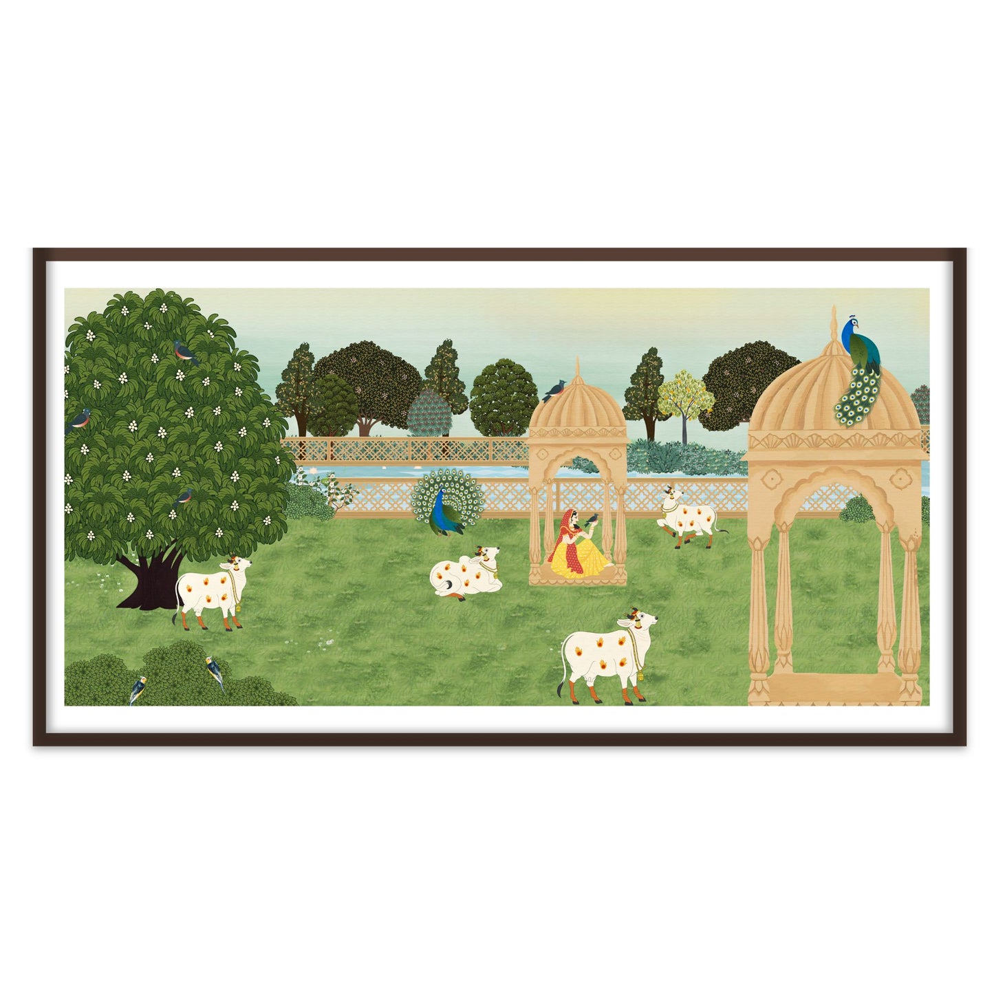 Gopi in a Serene Garden Landscape Pichwai Artwork for Home Wall Decor