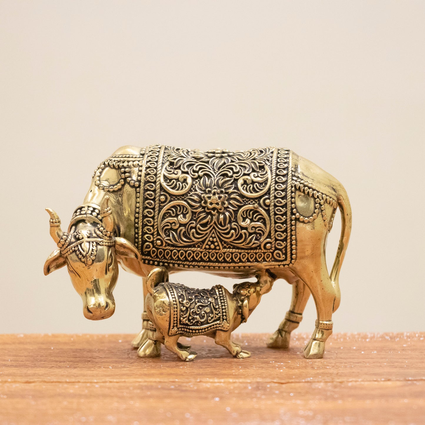 Divine Cow and Calf Brass Idol – Decor for Home Temple - 3 Inches