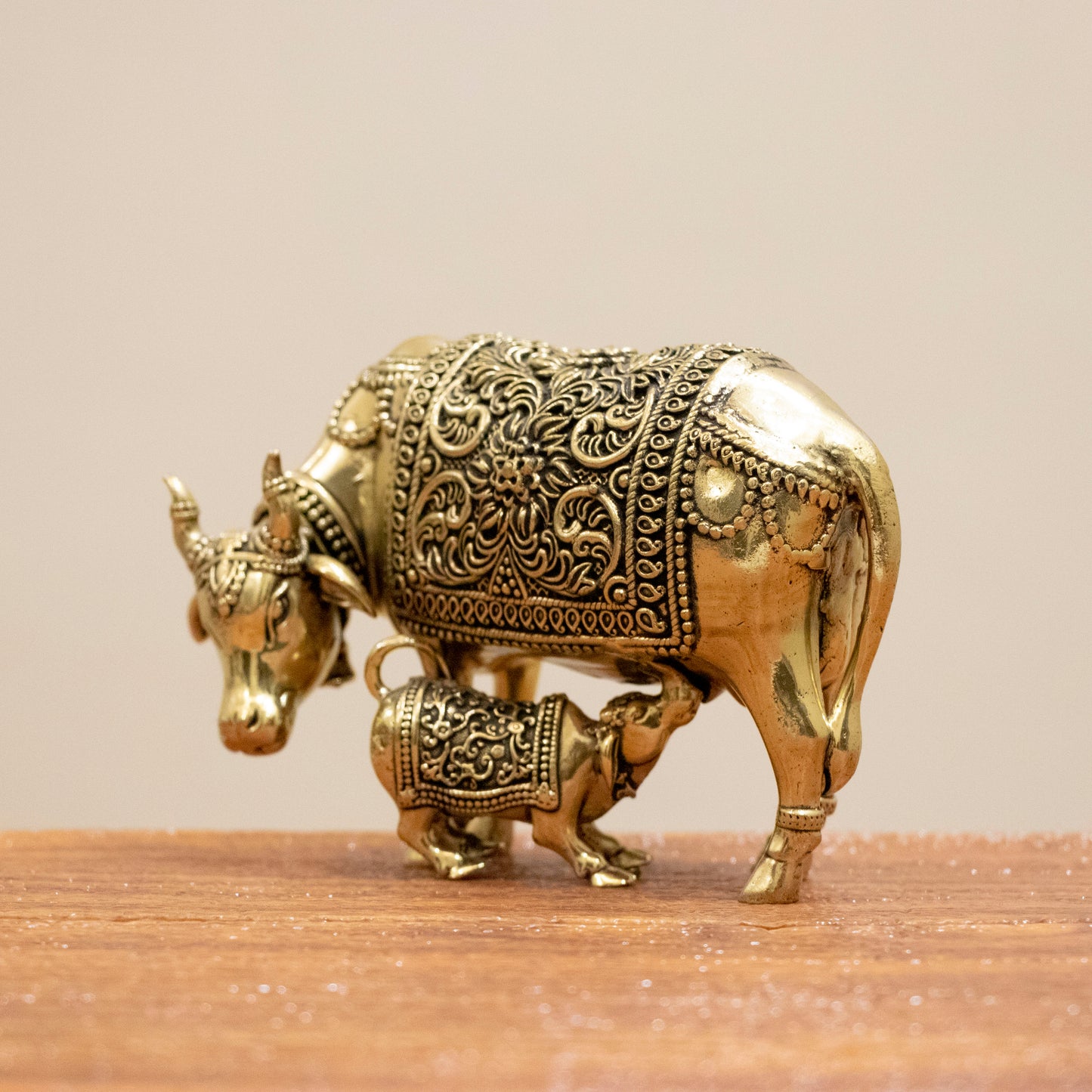 Divine Cow and Calf Brass Idol – Decor for Home Temple - 3 Inches