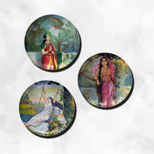 Damayanti, Mohini, Vasnatika set of 3 Wall Decor Plates of Raja Ravi Varma by The Atrang available in 2 sizes 8 inches and 10 inches