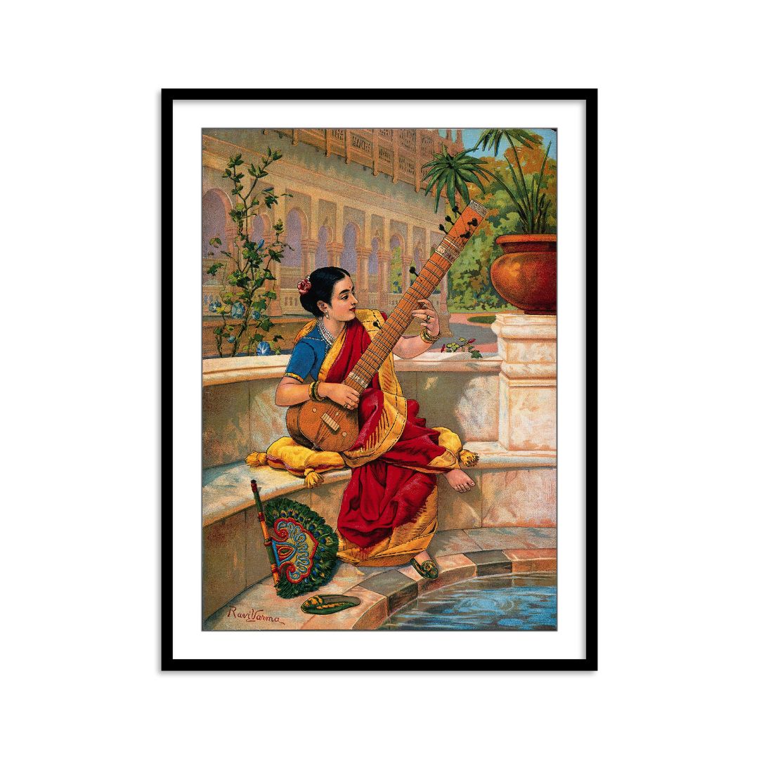 An Indian lady playing sitar by Raja Ravi Varma Painting for Home Decor Wall Paintings