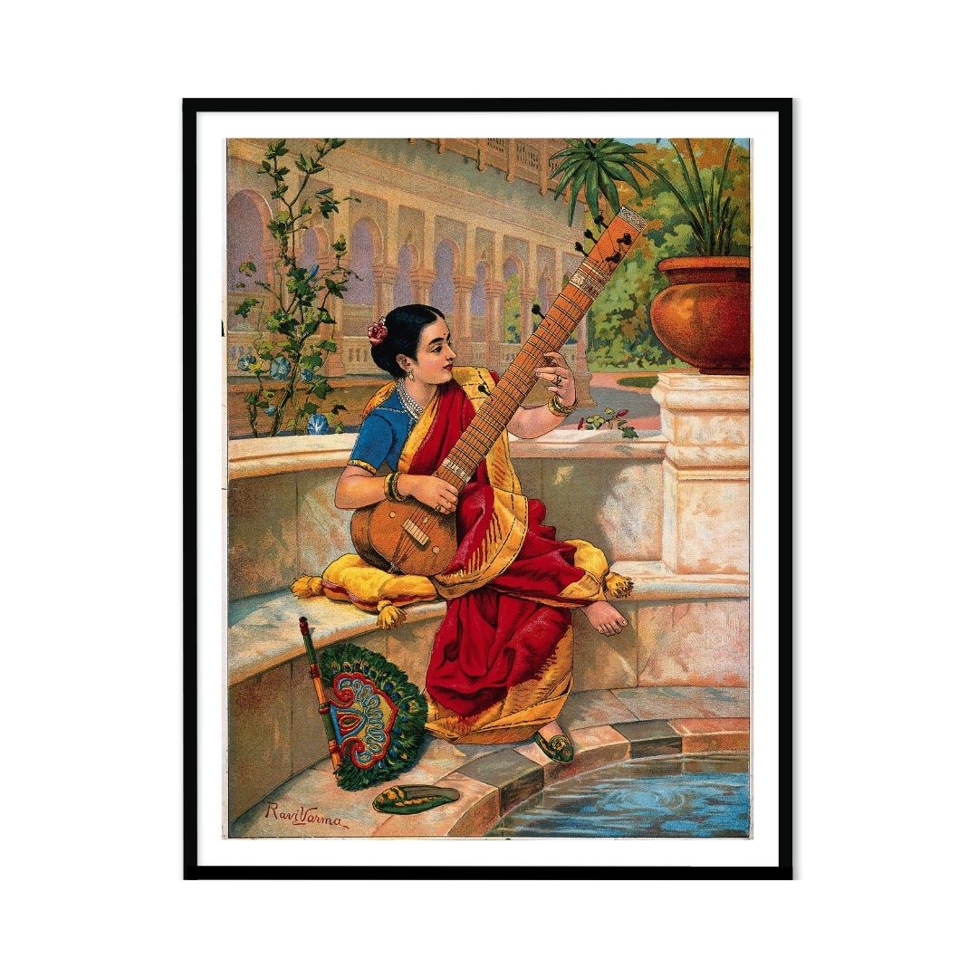 A lady playing sitar by Raja Ravi Varma Framed Wall Art