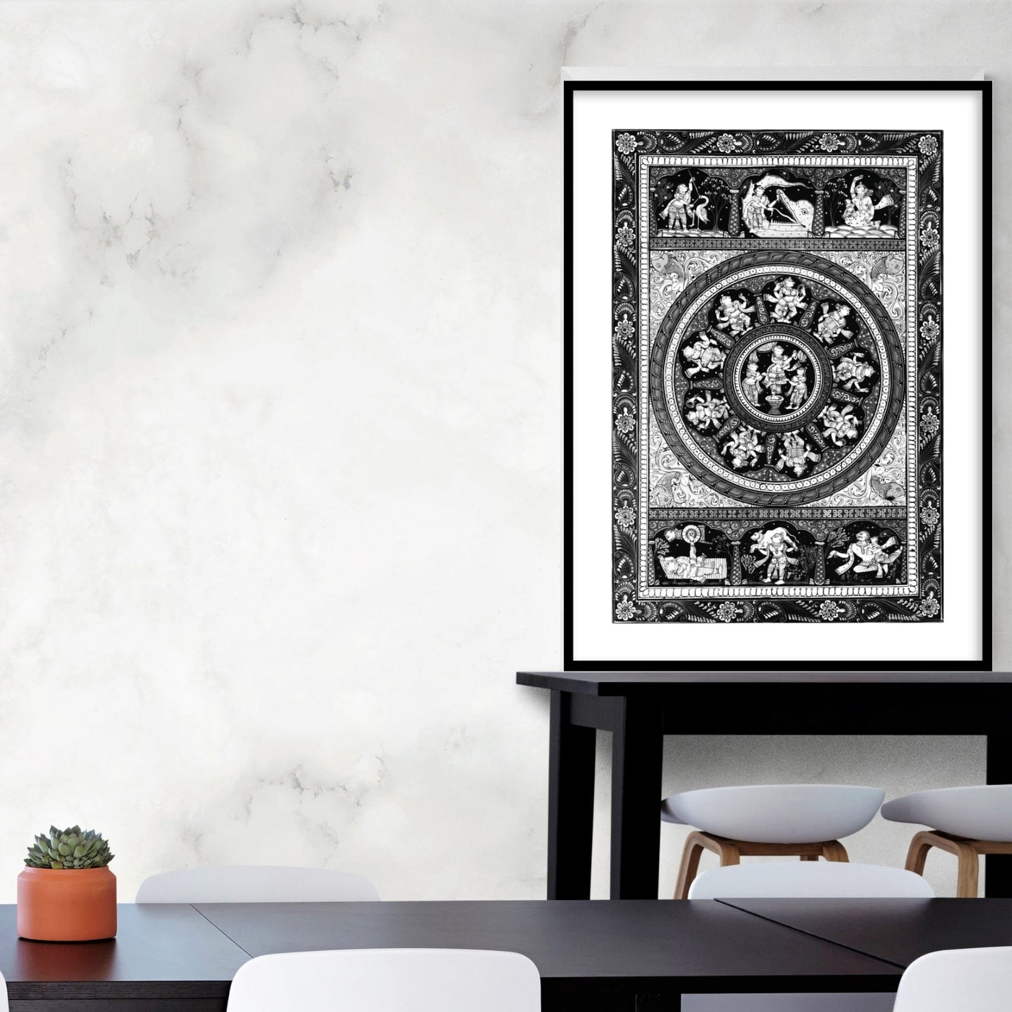 Shri Krishna Ras Leela Pattachittra Art Black and White Framed Wall Art - The Atrang