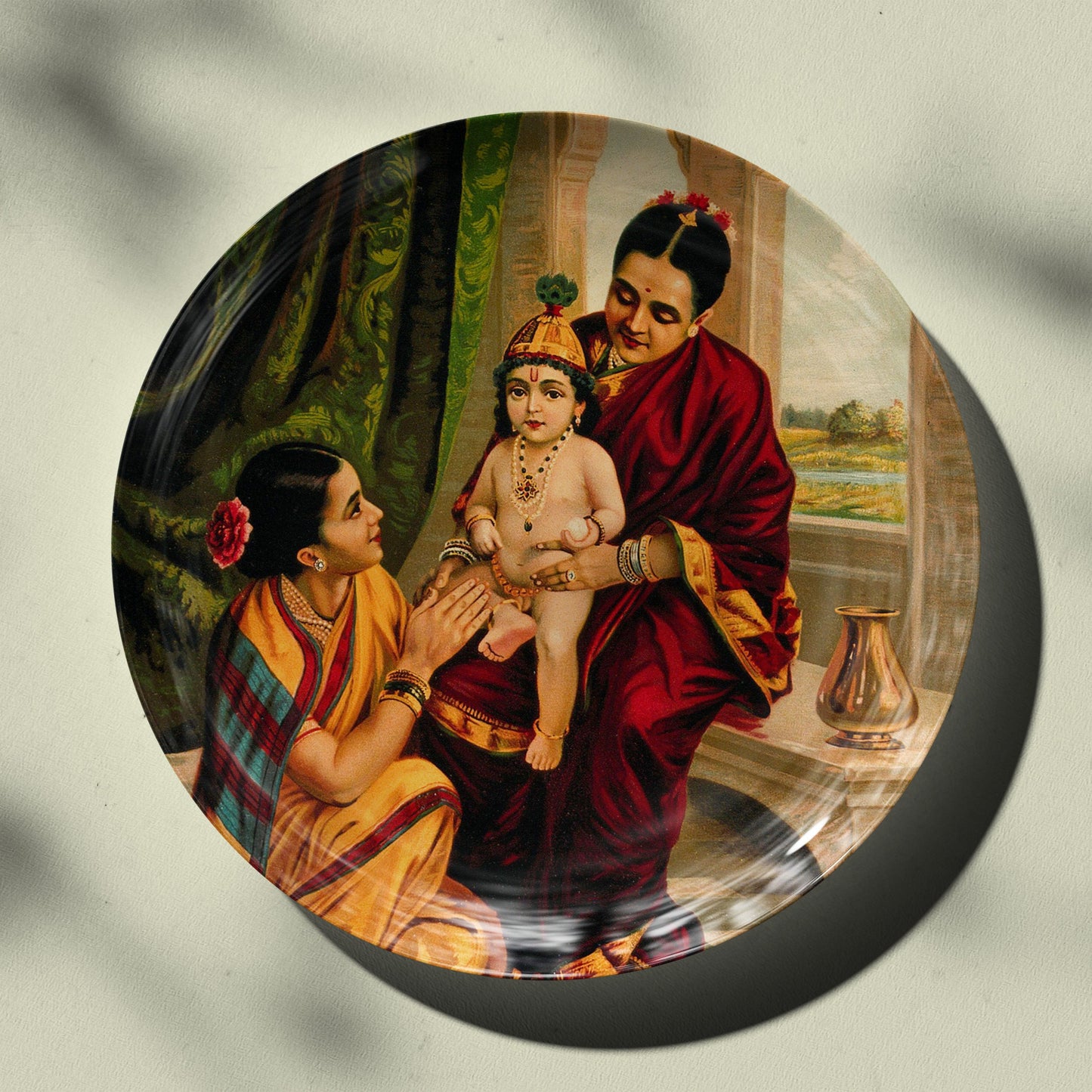 Krishna on Yashoda's lap by Raja Ravi Varma Wall Decor Plates by The Atrang for Indian homes