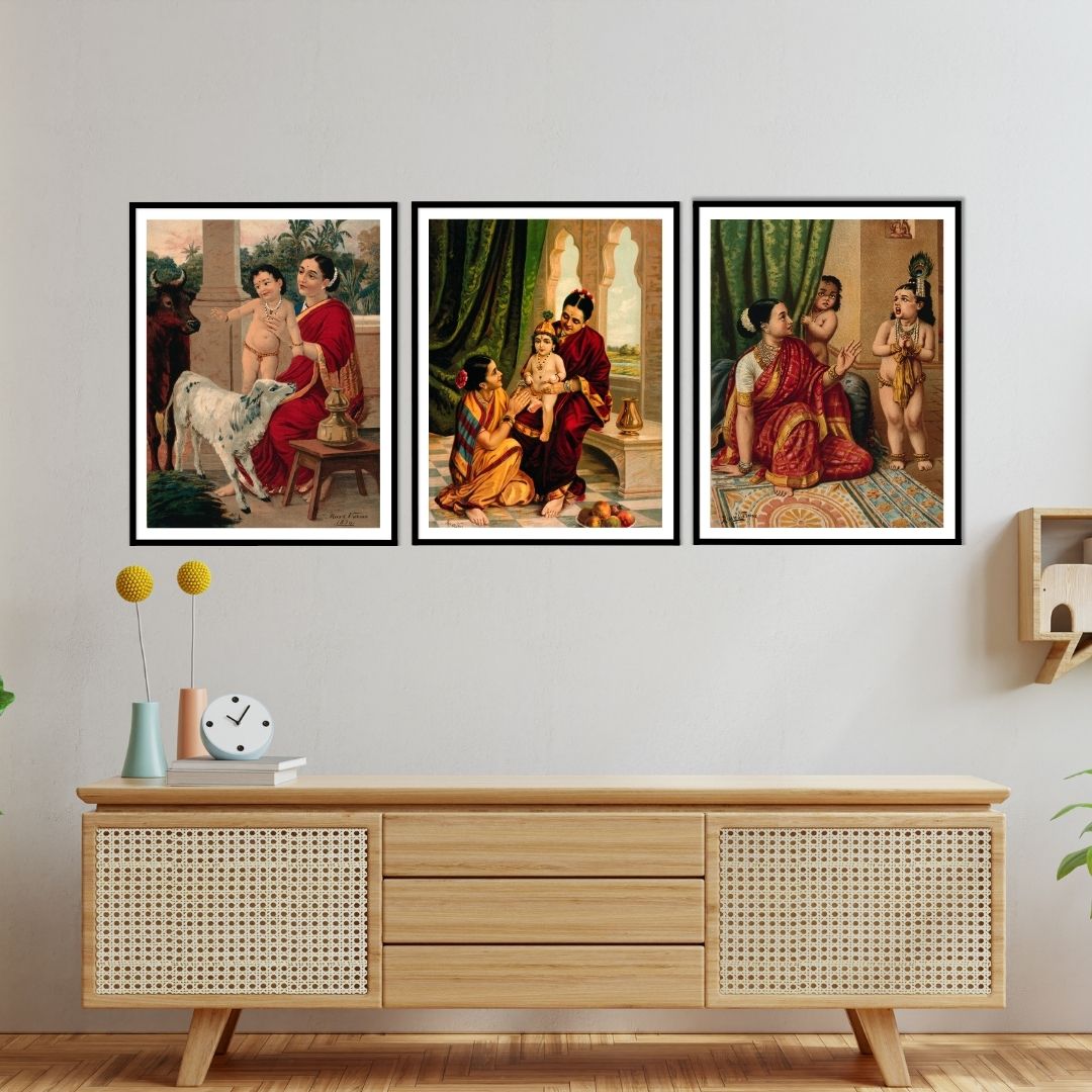 Krishna's Childhood (Bachpan) by Ravi Varma - Set of 3 Wall Paintings by Atrang