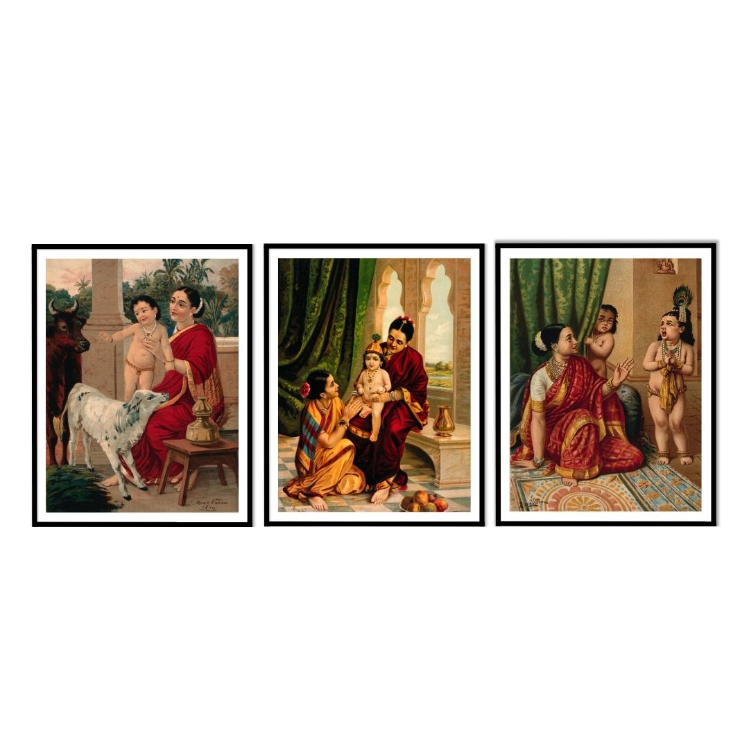 Krishna's Childhood (Bachpan) by Ravi Varma - Set of 3 Wall Paintings by Atrang