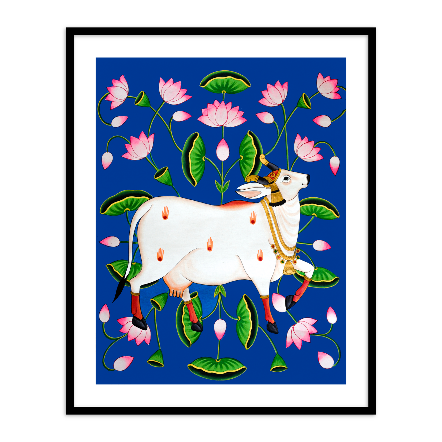 Blue Pichwai Kamdhenu Cow on Lotus Talai |Traditional Wall Art for Home decor