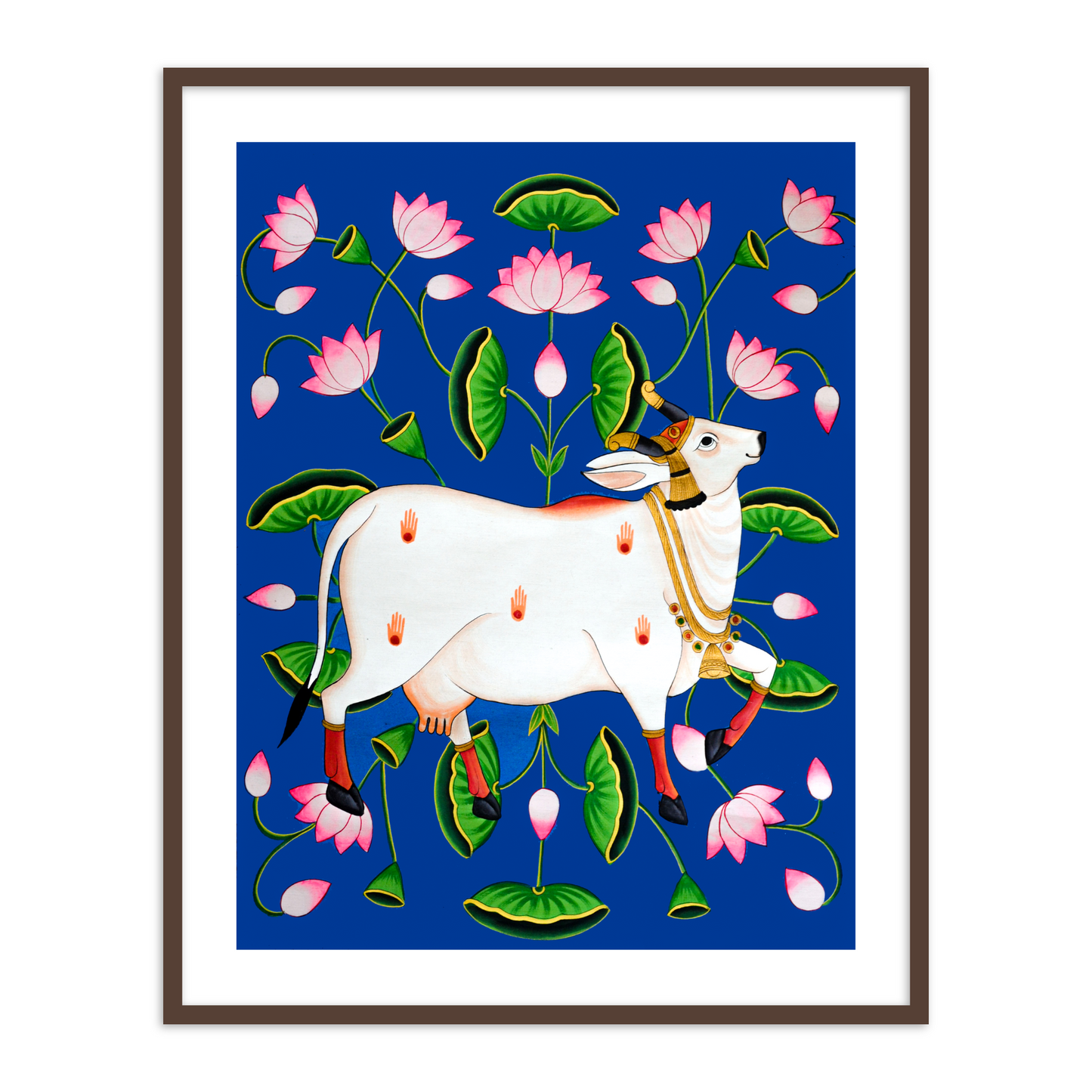 Blue Pichwai Kamdhenu Cow on Lotus Talai |Traditional Wall Art for Home decor