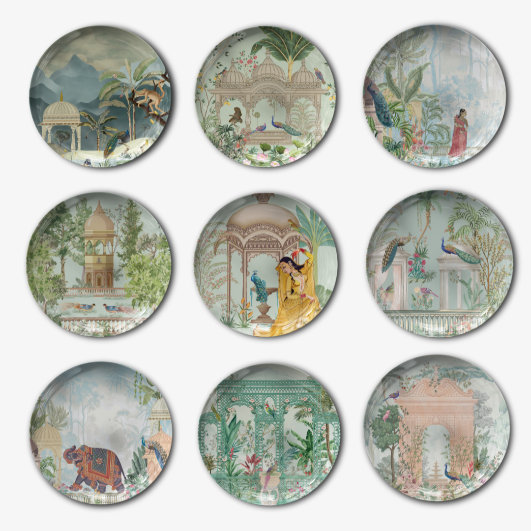 Mughal Inspired (Set of 9) Indian Wall Decor Plates for Indian Home Decor II