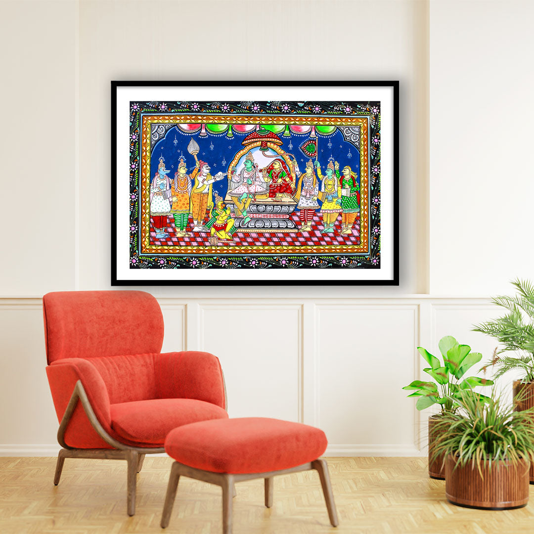 Spiritual Lord Ram Darbar Painting| Pattachitra Folk Painting Framed Wall Art for Home Decor | Vastu Artworks