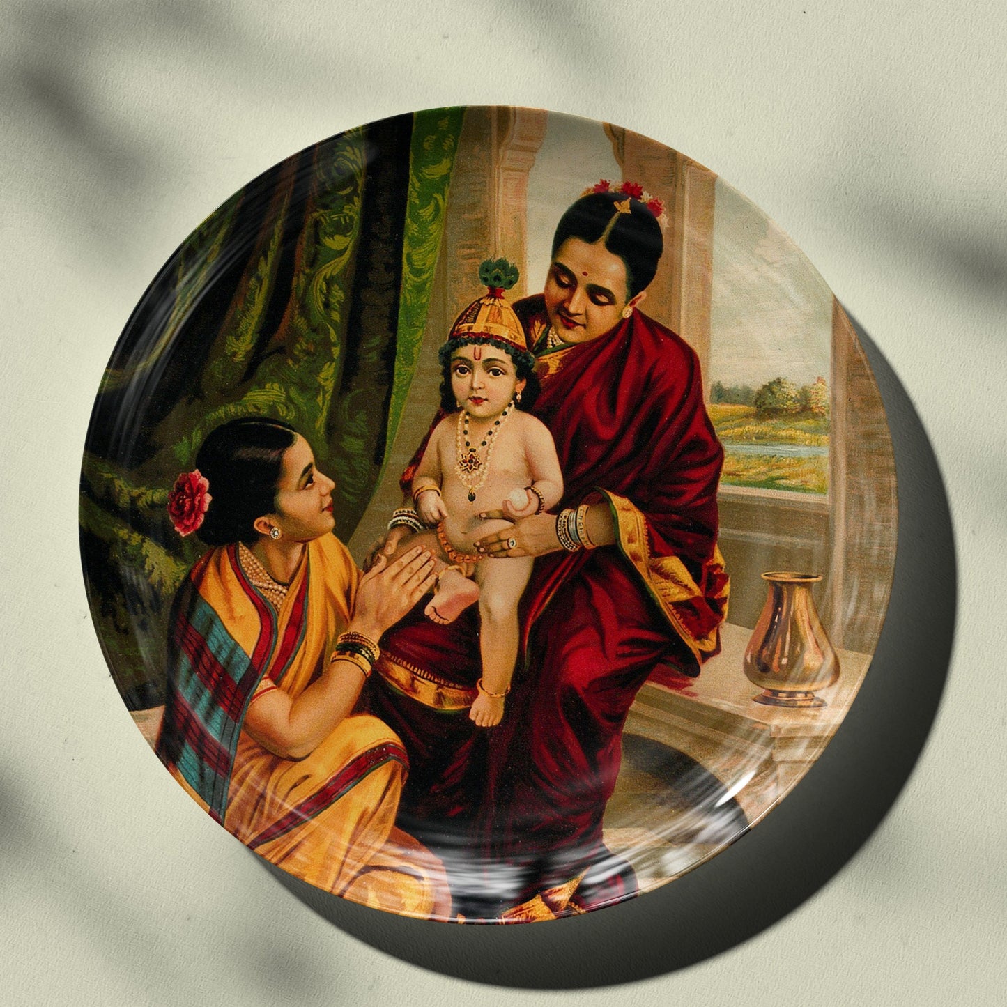 Krishna as an infant sitting on Yashoda's lap by Ravi Varma Ceramic Plate for Home Decor