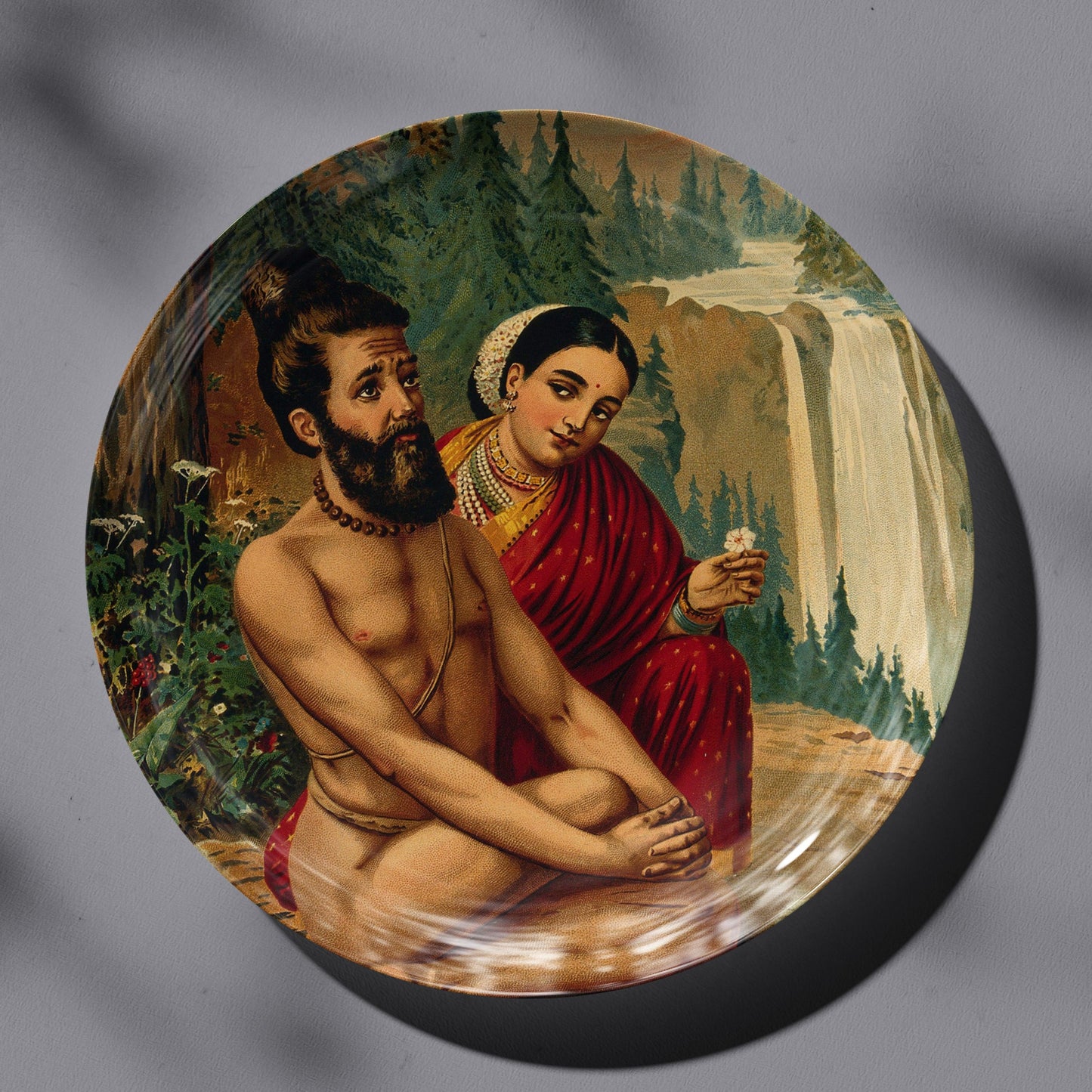 Menaka the nymph tempting the yogi, Vishwamitra by Ravi Varma Ceramic Plate for Home Decor
