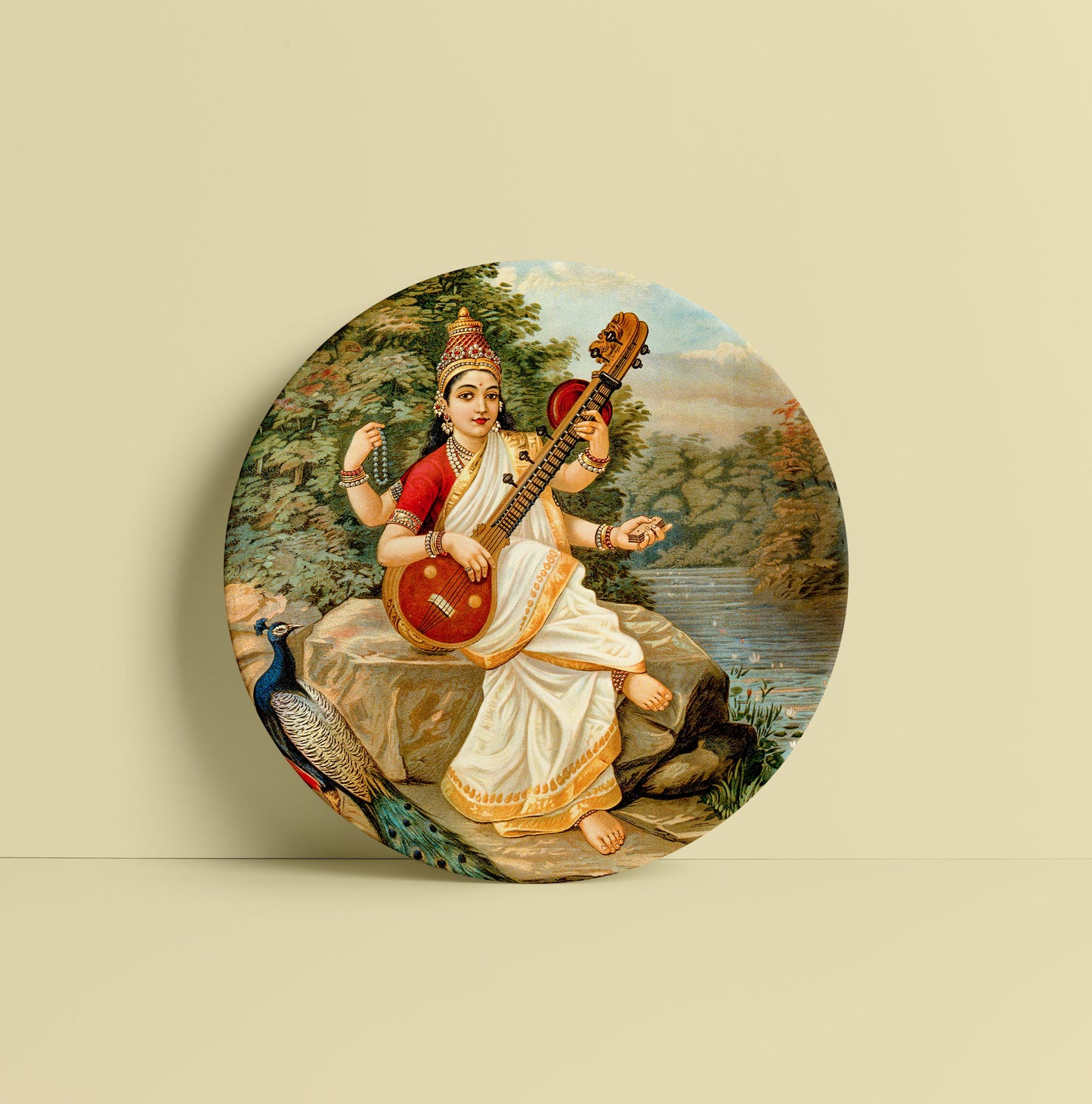Goddess Saraswati by Ravi Varma ceramic Plate for Home Decor