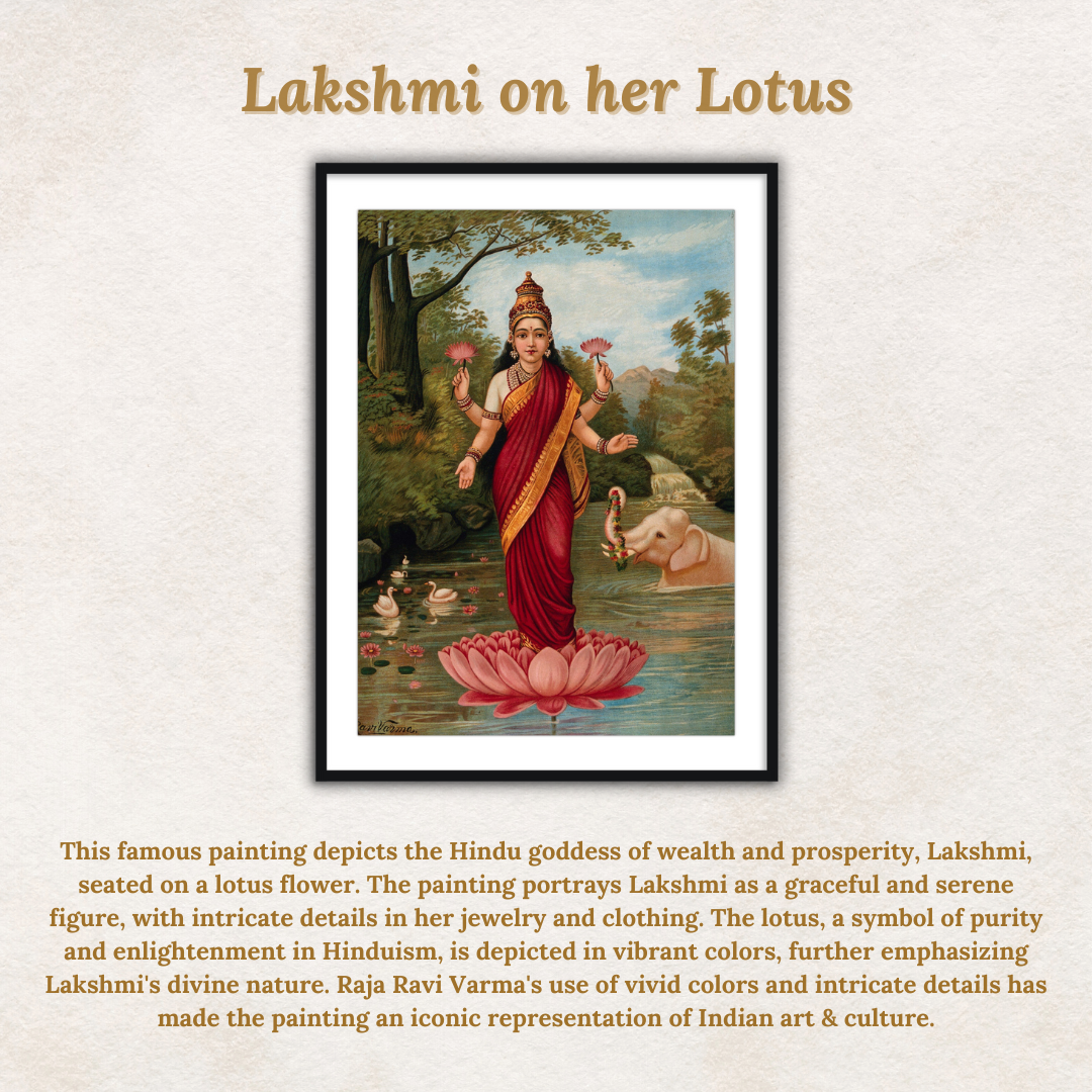 Lakshmi on her Lotus by Raja Ravi Varma Wall Art Print for Home Decor