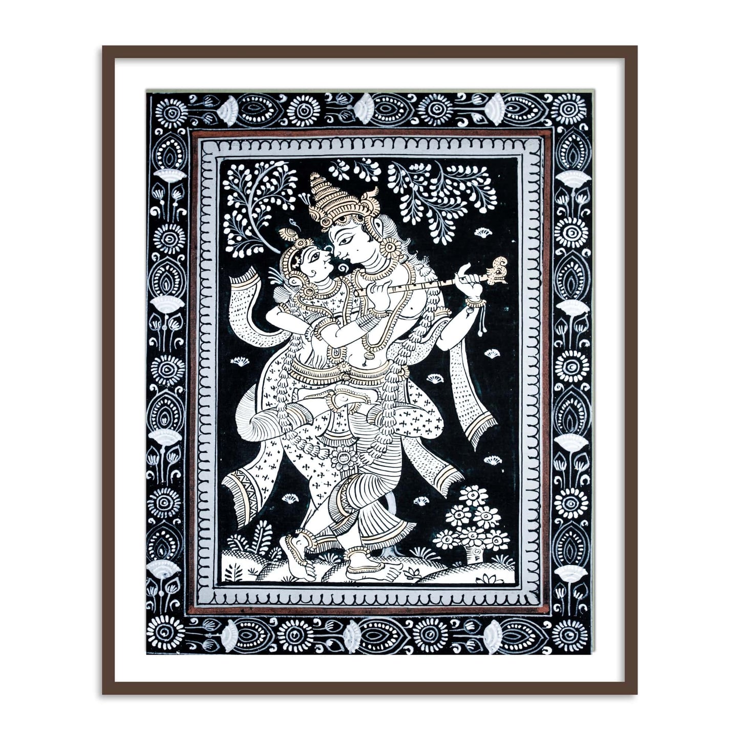 Radha Krishna Dancing Monochrome Patachitra Art | Pata Painting Framed Wall Art