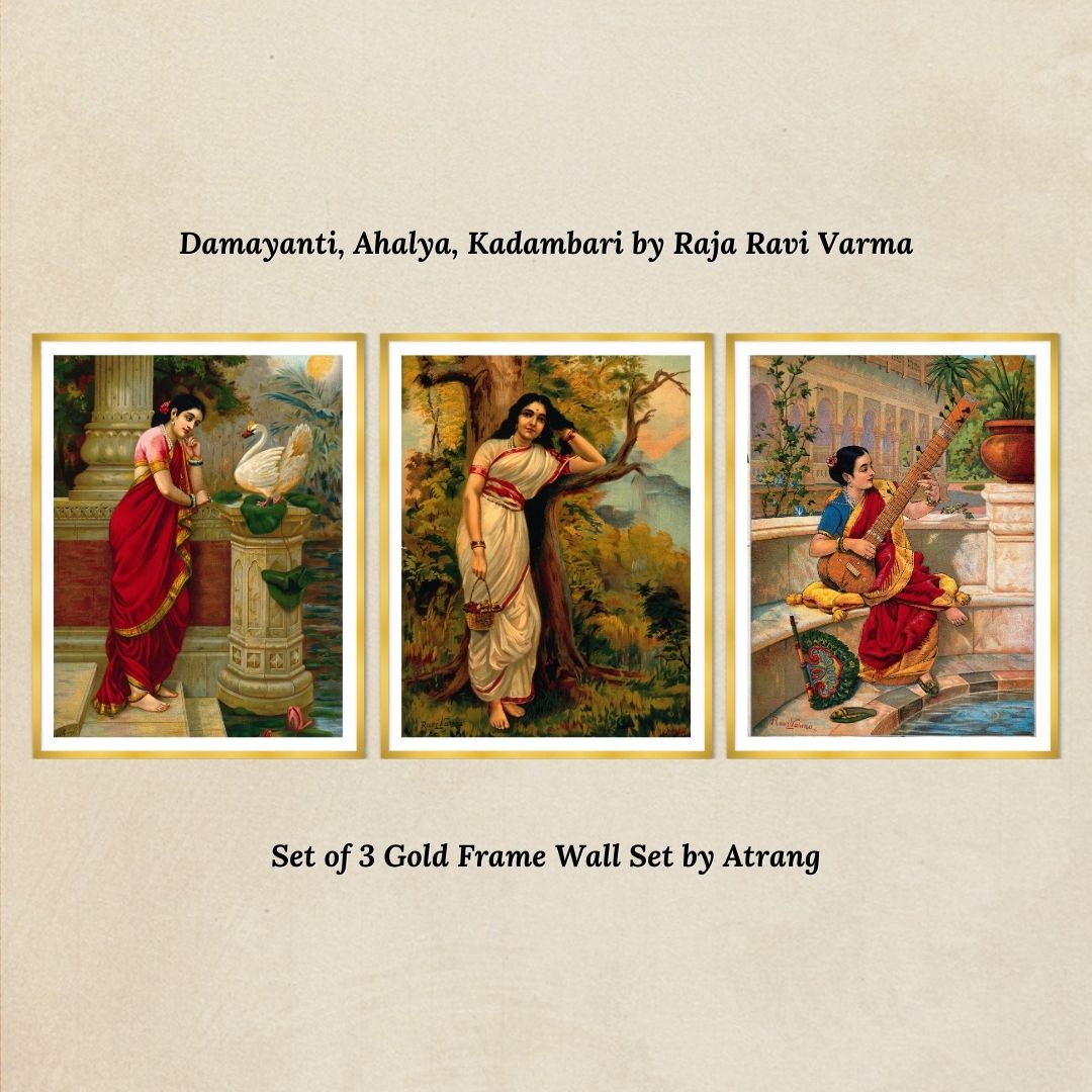 Set of 3 Gold Frame Wall Set of Swan Damayanti, Ahlaya and Kadambari by Raja Ravi Varma
